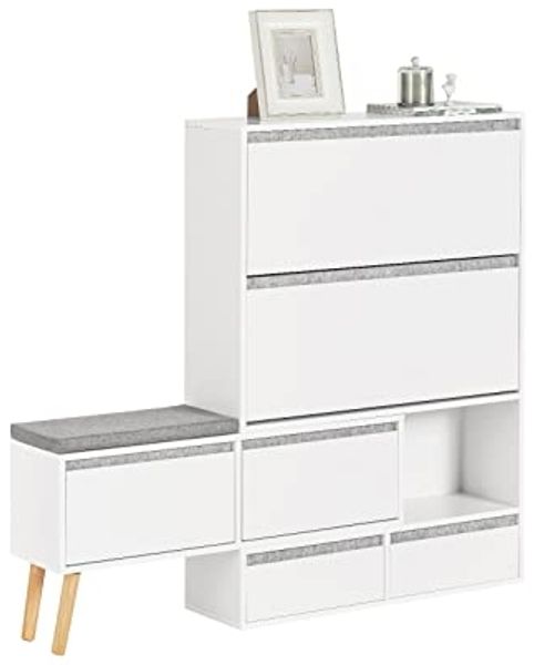 SoBuy FSR134-W Schuhkipper Schuhablage mit 2 Klappen, 2 Türen und 2 Schubladen Flurschrank Schuhschrank mit Sitzbank Schuhbank mit Sitzfläche BHT ca. : (92-124) x115x24 cm