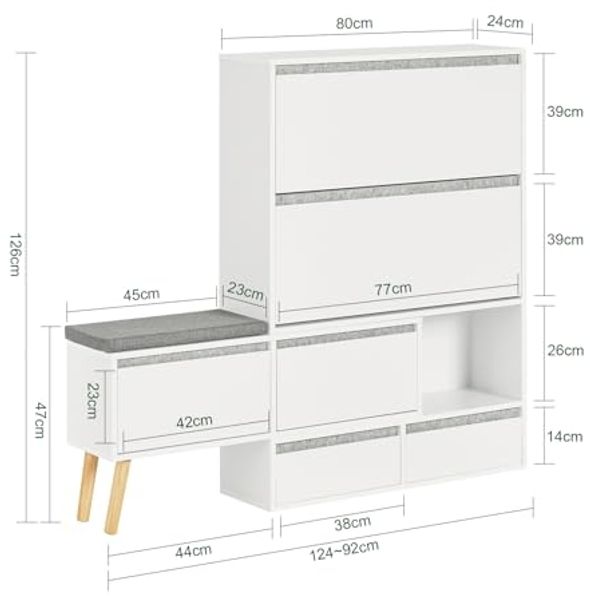 SoBuy FSR134-W Schuhkipper Schuhablage mit 2 Klappen, 2 Türen und 2 Schubladen Flurschrank Schuhschrank mit Sitzbank Schuhbank mit Sitzfläche BHT ca. : (92-124) x115x24 cm Bild 3