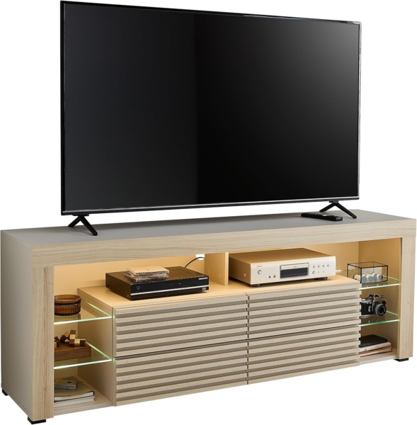 Goal 2 TV-Lowboard mit LED-Beleuchtung in Kaschmir, Riva Eiche Optik - TV Schrank mit viel Stauraum für Ihr Wohnzimmer - 179 x 67 x 44 cm (B/H/T)