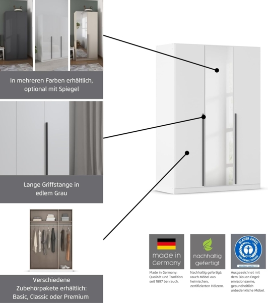 rauch Kleiderschrank Alba, Drehtürenschrank, Garderobenschrank, 3-türig, mit 2 Kleiderstangen, 2 Einlegeböden und Schubladeneinsatz, Farbe Weiß, Griffstange Grau metallic, Schwarz, 136x197x54cm Bild 4