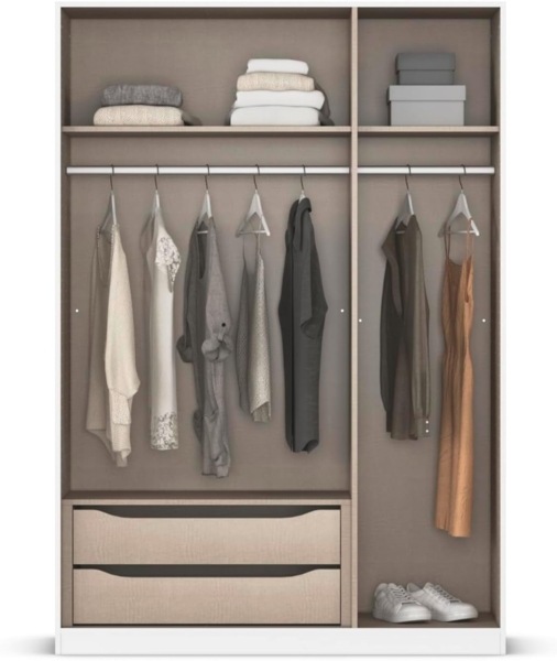 rauch Kleiderschrank Alba, Drehtürenschrank, Garderobenschrank, 3-türig, mit 2 Kleiderstangen, 2 Einlegeböden und Schubladeneinsatz, Farbe Weiß, Griffstange Grau metallic, Schwarz, 136x197x54cm Bild 6