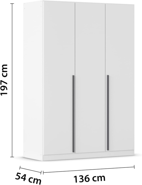rauch Kleiderschrank Alba, Drehtürenschrank, Garderobenschrank, 3-türig, mit 2 Kleiderstangen, 2 Einlegeböden und Schubladeneinsatz, Farbe Weiß, Griffstange Grau metallic, Schwarz, 136x197x54cm Bild 3