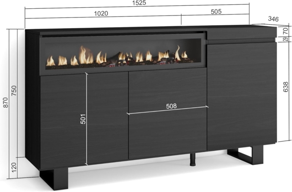Skraut Home | Sideboard, Highboard | Kommode, Komodenschrank | 150 x 87 x 35 cm | 3 Türen | Elektrokamin. Maße | Industriedesign | Moderner Stil | Schwarz Bild 3