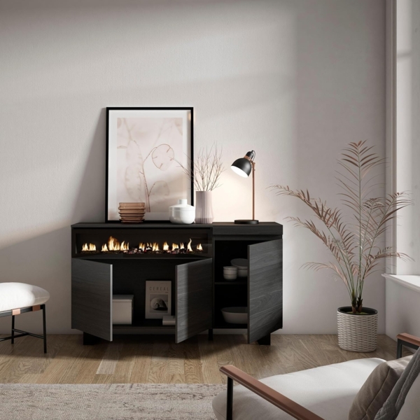 Skraut Home | Sideboard, Highboard | Kommode, Komodenschrank | 150 x 87 x 35 cm | 3 Türen | Elektrokamin. Maße | Industriedesign | Moderner Stil | Schwarz Bild 4