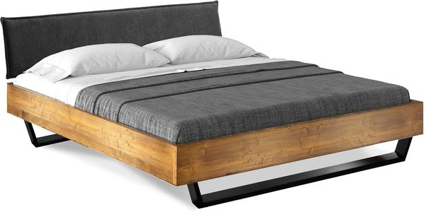 Möbel-Eins CURBY Kufenbett mit Polster-Kopfteil, Material Massivholz, rustikale Altholzoptik, Fichte, Kufen schwarz vintage 90x200 cm Stoff Anthrazit ohne Steppung