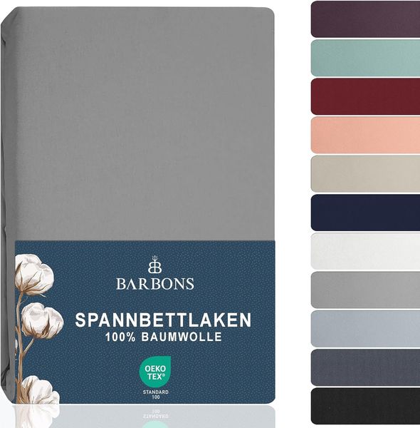 BARBONS Spannbettlaken 120x200 cm - 100% Baumwolle Spannbetttuch Oeko-TEX Zertifiziert Bettlaken Jersey Bettwaren und Bettbezug für Boxspringbett und Dicke Matratzen bis 27 cm - Hellgrau 120x200