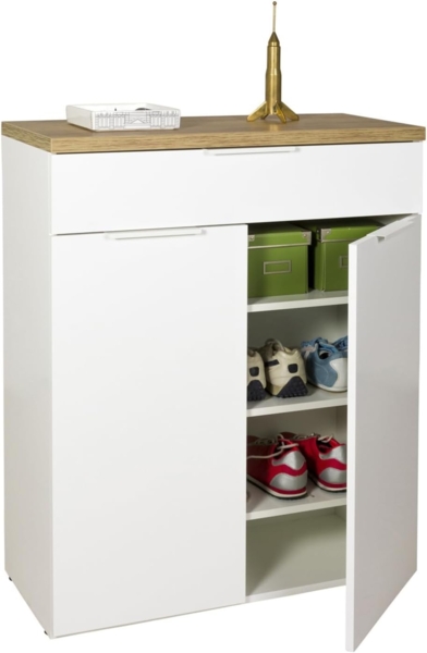 Composad Kommode MUNDI, Weiß Hochglanz, Riviera Eiche Dekor, 2 Türen, 1 Schublade, B 82 x H 102 x T 35 cm