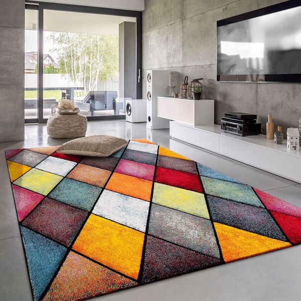 Paco Home Teppich Wohnzimmer Kinderzimmer Bunt Kurzflor Moderne 3D Optik Kariert Geometrische Muster, Grösse:160x230 cm, Farbe:Bunt 3