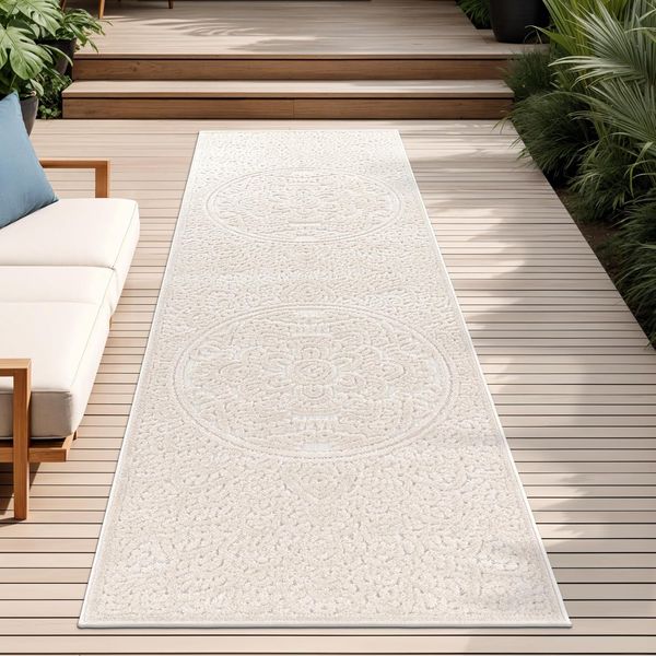 Paco Home Outdoor Teppich Wetterfest Balkon Wohnzimmer Skandinavisches Boho Muster Einfarbig Geometrisch 3D Effekt Moderne Deko, Grösse:80x250 cm, Farbe:Creme 3