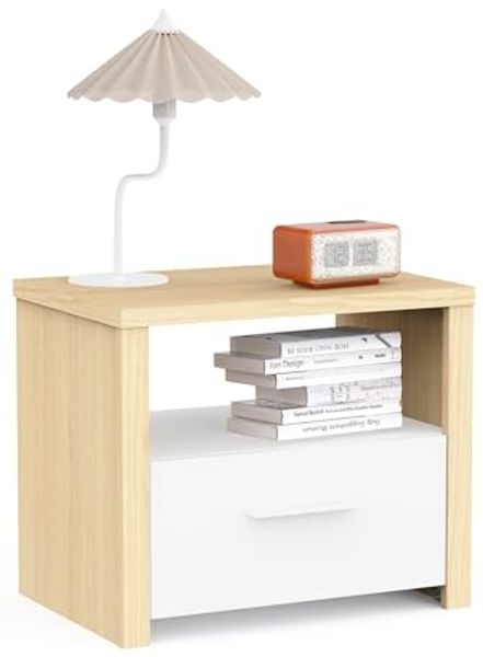 Nachttisch, Holz, Weiß, mit einer leisen Schublade und einer Nische – Nachttisch für Erwachsene im trendigen Design – hergestellt in Frankreich
