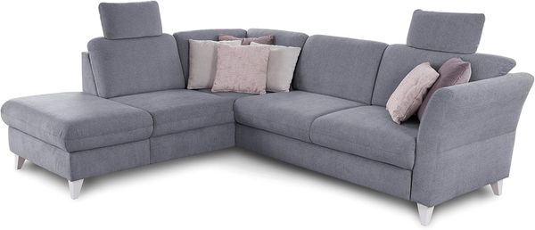 CAVADORE Schlafsofa Trend / Skandinavische Eckcouch mit Federkern, Bettfunktion, Stauraum in der Ottomane und 2 Kopfstützen / 249 x 86 x 162 / Chenille, Hellblau