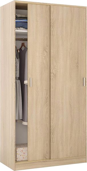 Kleiderschrank mit zwei Schiebetüren mit Kleiderstange und einem Innenregal, Eichenfarbe, Maße 100 x 200 x 50 cm