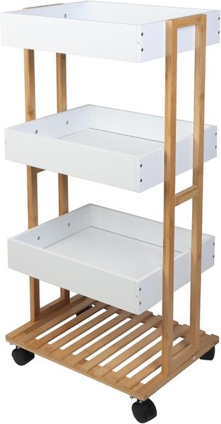 Well Home Aufbewahrungswagen aus Bambus mit 1 Ablage und 3 Ablagen, Weiß, 40 x 30 x 87,5 cm
