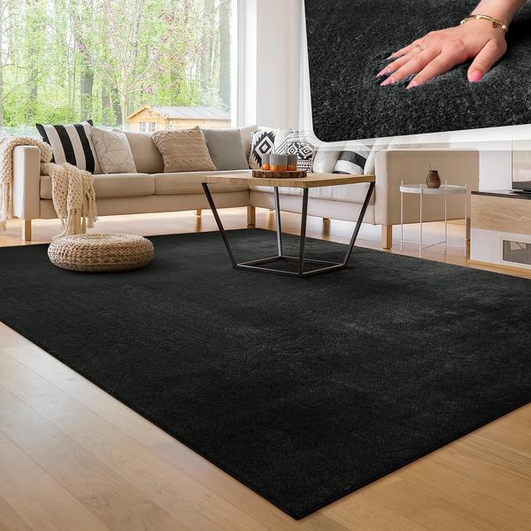 Paco Home Waschbarer Teppich Wohnzimmer Schlafzimmer Kurzflor rutschfest Flauschig Weich Moderne Einfarbige Muster, Grösse:140x200 cm, Farbe:Schwarz