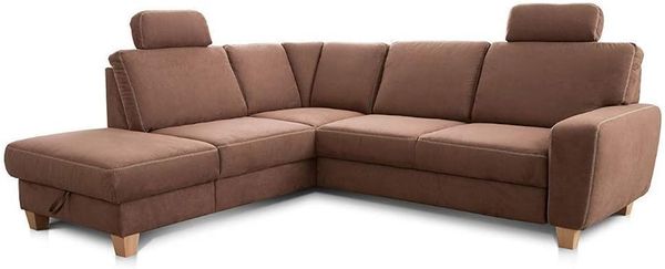 Cavadore Ecksofa Wisconsin mit Vorziehsitz / Eckcouch mit Federkern / Inkl. 2 Kopfstützen + Bettkasten / Landhausstil / Holzfüße in Buche / Mikrofaser / Größe: 248 x 88 x 218 cm (BxHxT) / Farbe: Braun