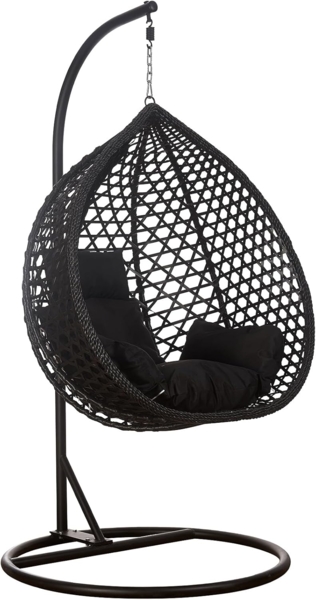 RAMROXX Hängesessel Luxus Style XXL Rattan Korb Gestell Schwarz mit Relaxkissen Schwarz