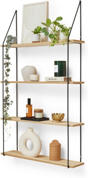 LIFA LIVING Vintage Wandregal 4 Etagen aus Holz und Metall, dekorative Schweberegale für Küche, Hängeregal Wohnzimmer, Schlafzimmer, 65 x 17 x 114,5 cm