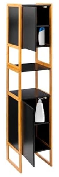 Avilia Platzsparender Schrank mit 2 Türen für Badezimmer – modularer Säulenschrank, 33 x 33 x 170 cm, schwarz, innen verstellbar, aus MDF und Bambus