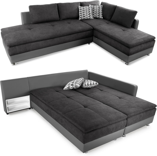 luma-home Ecksofa 15105, Dauerschläfer-Doppelbett 306x223 cm, Schwenkteil links, Bettkasten, Regal, Boxspring, Federkern, Wellenunterfederung, Topper, Mikrofaser Anthrazit/Kunstleder Grau