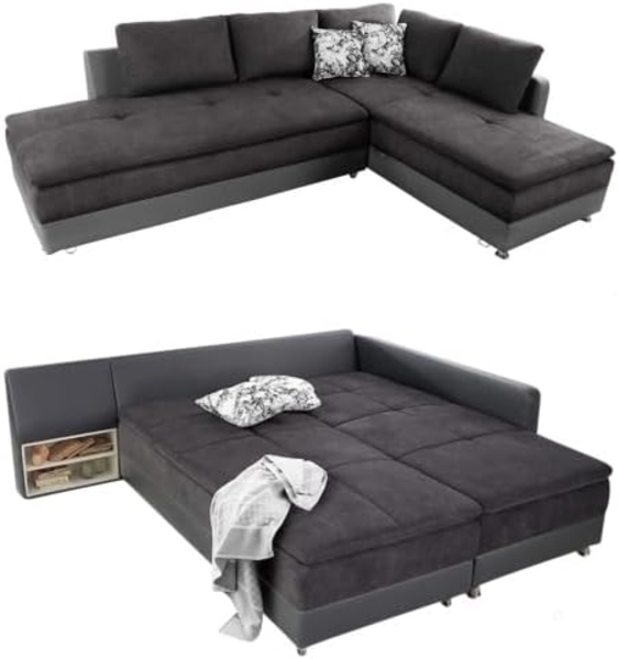 luma-home Ecksofa 15105, Dauerschläfer-Doppelbett 306x223 cm, Schwenkteil links, Bettkasten, Regal, Boxspring, Federkern, Wellenunterfederung, Topper, Mikrofaser Anthrazit/Kunstleder Grau