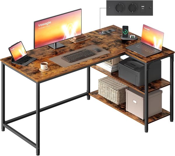 VASAGLE Schreibtisch mit Stauraum, L-Form Computertisch, höhenverstellbare Ablage, Büro, mit Ladestation, 120 x 80 cm, braun
