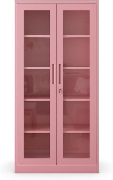 Jan Nowak Metallschrank mit Glasvitrine Aktenschrank Büroschrank Aufbewahrungsschrank 4 verstellbare Fachböden Sicherheitszylinderschloss Pulverbeschichtung 185 x 90 x 40 cm (Rosa)