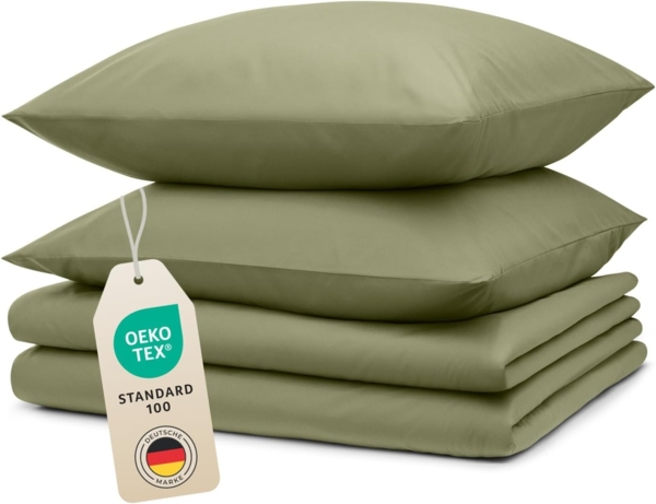Blumtal Bettwäsche 135x200 4teilig - aus Atmungsaktivem Mikrofaser - 2X Bettbezug 135x200 cm + 2X Kissenbezüge 80x80 cm - Superweiches Bettwäsche-Set, Oeko-Tex Zertifiziert - Olive Grün Bild 1