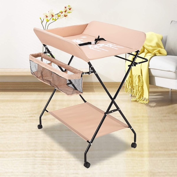 Wickeltisch und Badewanne 2-in-1 für Babys von Geburt bis 12 Monate (bis 25 kg), Faltbar, Tragbar, Mit 4 Rollen (Rosa) Bild 8