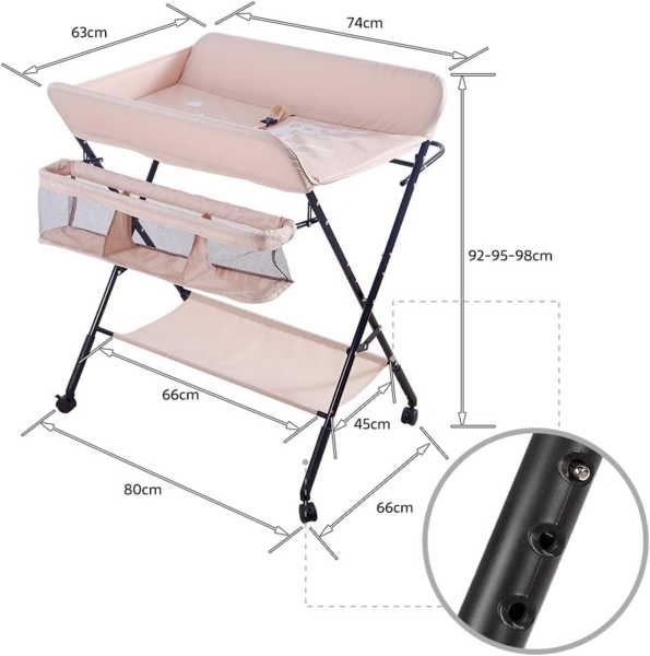 Wickeltisch und Badewanne 2-in-1 für Babys von Geburt bis 12 Monate (bis 25 kg), Faltbar, Tragbar, Mit 4 Rollen (Rosa) Bild 6