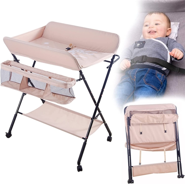 Wickeltisch und Badewanne 2-in-1 für Babys von Geburt bis 12 Monate (bis 25 kg), Faltbar, Tragbar, Mit 4 Rollen (Rosa) Bild 1