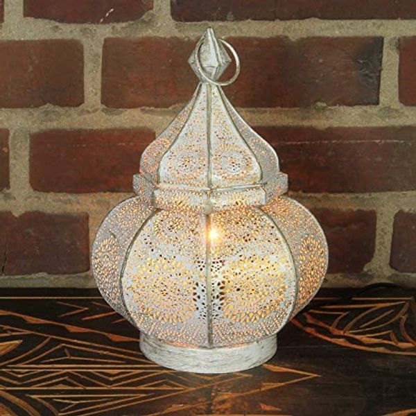 Orientalische Tischlampe Fahid LN2080 – Shabby Weiß-Gold, Handgefertigte Bodenlampe aus Metall, 30 cm Höhe x 18 cm Durchmesser