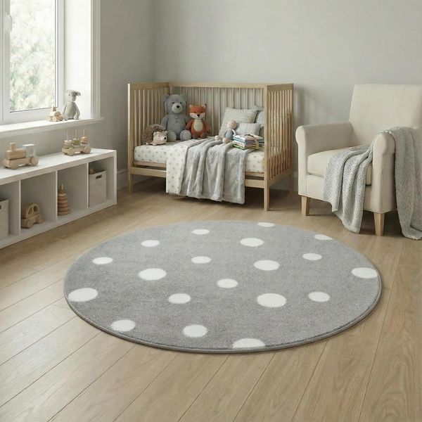 Jimri Kinderteppich DOTS l Pünktchen Gepunktet l Öko-Tex Siegel | Kinderzimmer/Jugendzimmer (Grau, Ø 150 cm Rund)