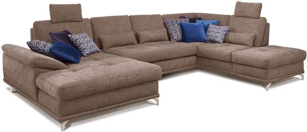 Cavadore Wohnlandschaft Castiel mit Federkern / Großes Schlafsofa in U-Form mit Bett, Sitztiefenverstellung und Kopfstützen / 368 x 114 x 232 / Webstoff, Hellbraun