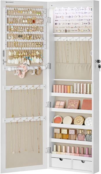 Songmics Schmuckschrank mit LED Beleuchtung und Spiegel, MDF Weiß-Greige, 10 x 37 x 120 cm