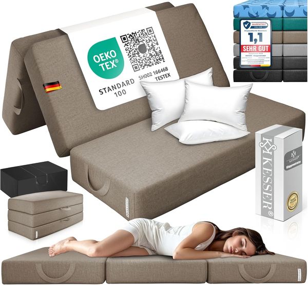 KESSER® Klappmatratze Gästematratze 3-fach Faltmatratze faltbar zum Sitzhocker | Schaumstoff 25kg/m³ extra dick 15cm atmungsaktiv waschbar abnehmbarer Bezug | Matratze inkl. Camping Tragetasche Taupe, 160 x 195 x 15 cm