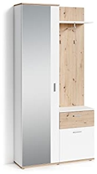 byLIVING Kompakt-Garderobe JAKOB / Korpus in Artisan Eichen-Optik / Schubladen-Front in weiß / Garderobe mit großer Spiegeltür / Fest montiertes Set / Kommode / Schuh-Schrank / B 97, H 195, T 30 cm
