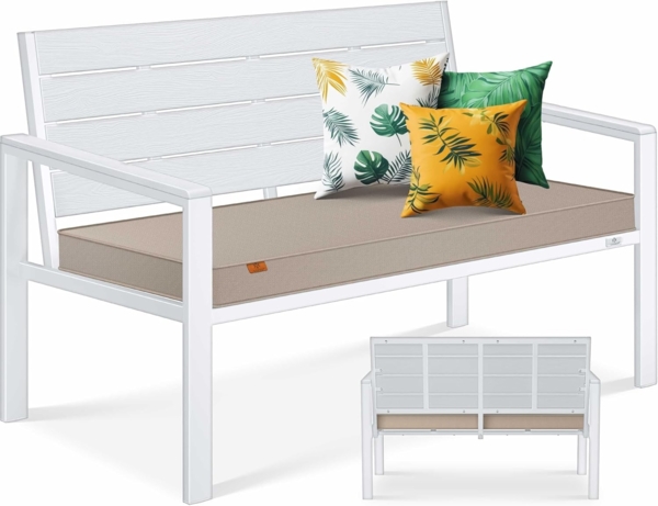 KESSER® Gartenbank mit Kissen – Sitzbank Wetterfest 2-Sitzer Parkbank in Holzoptik Balkonbank für Garten Terrasse Balkon bis 300 kg belastbar UV-beständig inkl. abnehmbarem & waschbarem Polsterbezug Weiß / Weiß