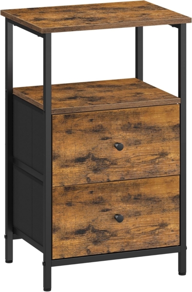 VASAGLE Nachttisch, Beistelltisch mit 2 Stoffschubladen, Couchtisch mit Ablagen, 61 cm hoch, für Wohnzimmer, Schlafzimmer, vintagebraun-tintenschwarz LGS025B01