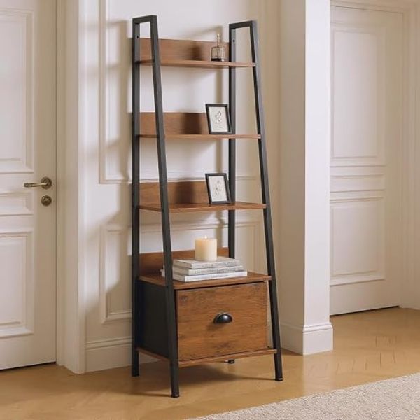 FurnitureR 5-stöckiges Leiterregal 42 x 29 x 141 cm mit Stoffschublade, Holzablagen & 20 mm Metallrahmen, 7,5 cm Rückwand, Schmales Konsolentisch-Design für Wohnzimmer im französischen Landhausstil