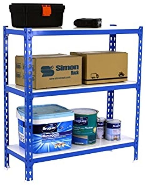 Simon Rack Schwerlastregal, 900 x 1200 x 300 mm, Bis 200 kg Belastbar, 3 Verstellbare Ablagen, Kellerregal, Lagerregal, Blau/Weiss - Simonclick