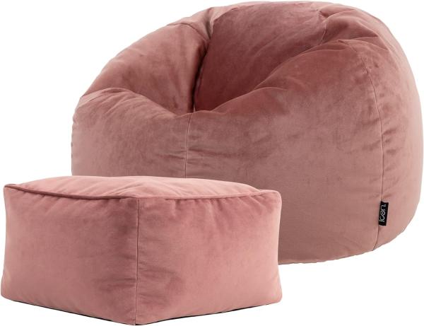 Icon Klassischer Sitzsack „Aurora“ mit Hocker, Rosa, Plüschsamt, Sitzsack Sessel für Erwachsene mit Füllung, Groß Sitzsäcke für das Wohnzimmer