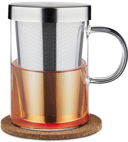 Cosumy Teeglas Teetasse mit Deckel und Sieb - Teeglas mit Sieb & Untersetzer 400ml, 1-tlg, Glas, Zubereiter inkl. Untersetzer - Geschenk Tasse - Feinmaschiger Filter
