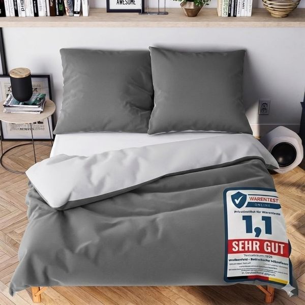 Wolkenfeld Bettwäsche 135X200 4 teilig Bettwäsche Set grau anthrazit - Oeko-Tex Zertifiziert - 2X Bettbezug 135x200 + 2X Kissenbezug 80x80