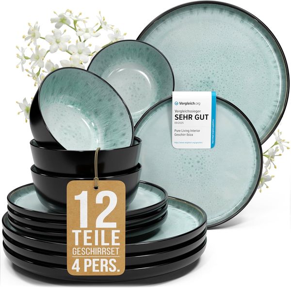 Steingut Geschirrset 4 Personen Ibiza 12 tlg. TESTSIEGER, Traumhaftes Mediterranes Steingut Geschirr Set, Schüssel- und Teller Set, Tafelservice 4 Personen, Geschirrsets Pure Living in Salbeigrün