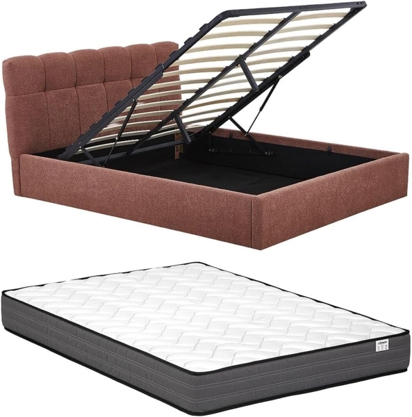 Vente-unique - Bett mit Bettkasten + Matratze - 160 x 200 cm - Bouclé-Stoff - Terracotta - MAZIRI