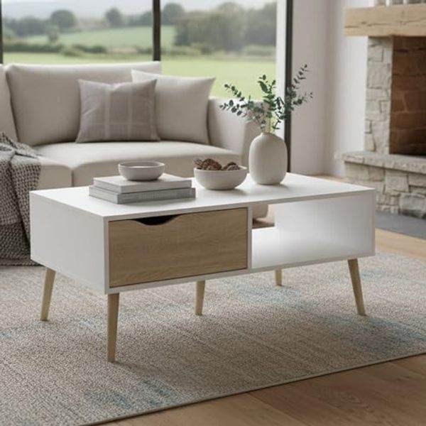 Dmora Couchtisch, Farbe Weiß und Eiche, 98,7 x 43,3 x 60,2 cm