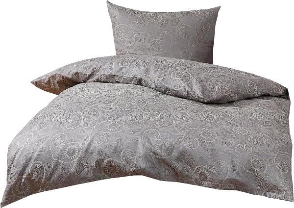 Bettwaesche-mit-Stil Mako-Satin Damast Paisley Bettwäsche "Davos" grün - grau Garnitur 155x200 + 80x80