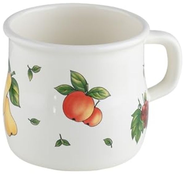 Riess Topf mit Bördel Becher gebaucht Ø8cm 3/8 Liter Emaille Country Fruit Garden