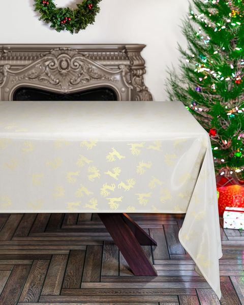 Emma Barclay Weihnachtstischdecke, rechteckig, maschinenwaschbar, Weihnachts-Tischdecke, cremefarben mit goldenem Rentier-Design, 178x274 cm