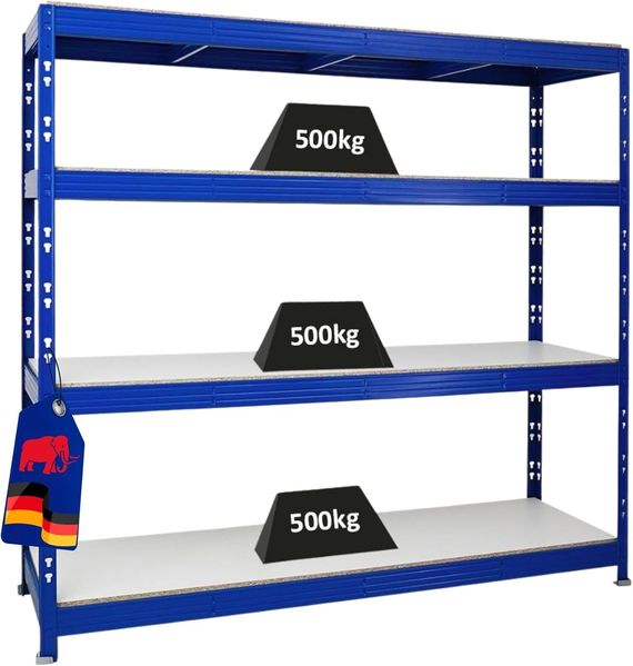 PROREGAL Profi Schwerlastregal Rhino EXTRA BREIT blau HxBxT 180 x 200 x 60 cm Fachlast 500kg 4X Melamin-Ebenen 16mm Garagenregal, Lagerregal, Steckregal, Weitspannregal